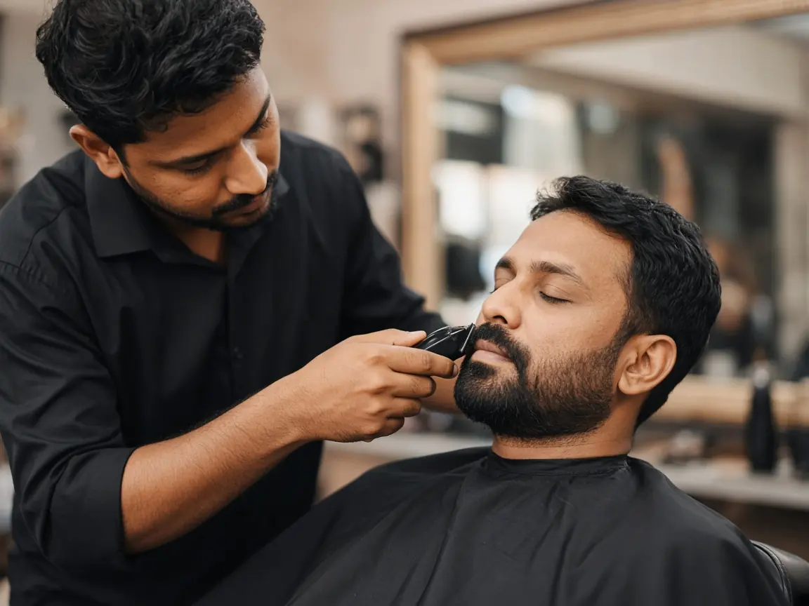 A barber shaping a man's beard