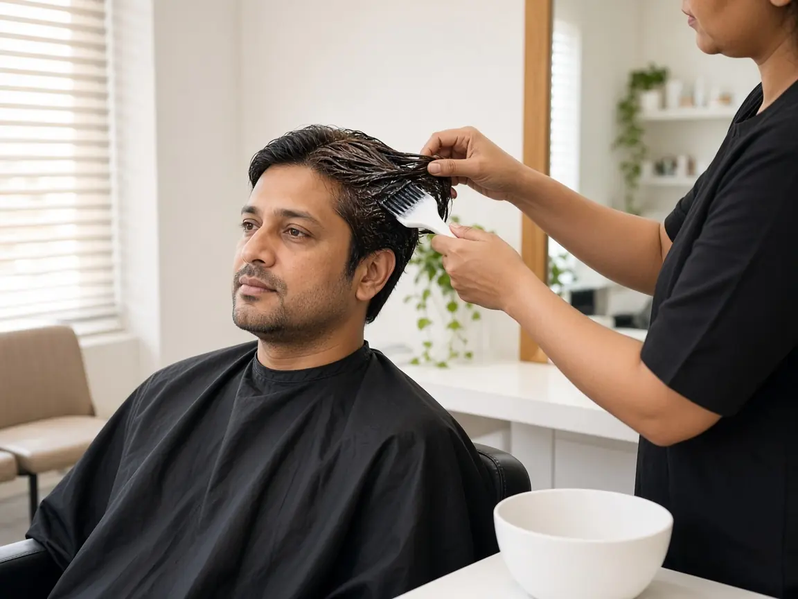 Hair colour being applied in the men's section
