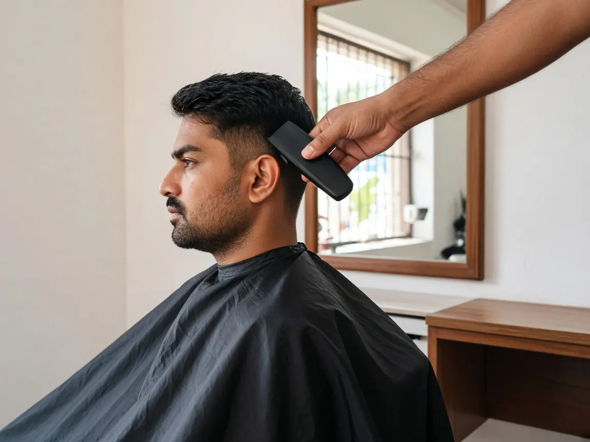 A barber finishing a men's haircut