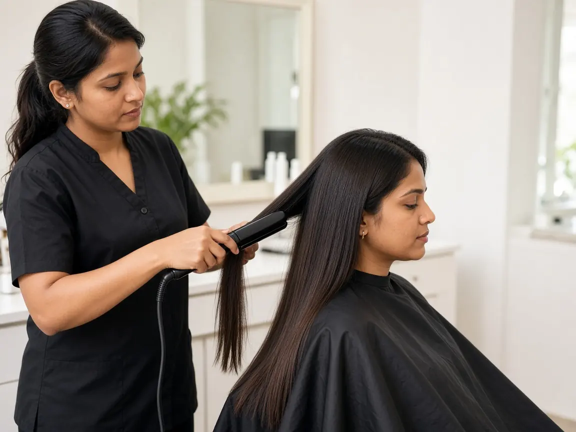 A keratin smoothing treatment on long hair